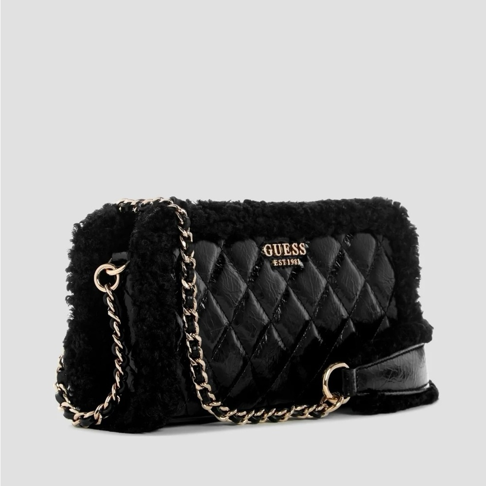 GUESS Cristi Mini Black Quilted Crossbody Bag Gold Chain Detachable Strap